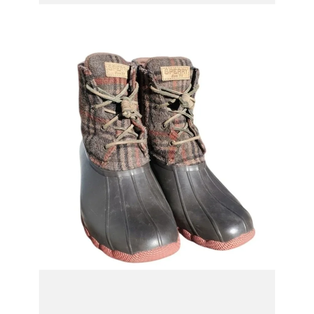 Sperry Saltwater Short Duck Boots In Brown Plaid
